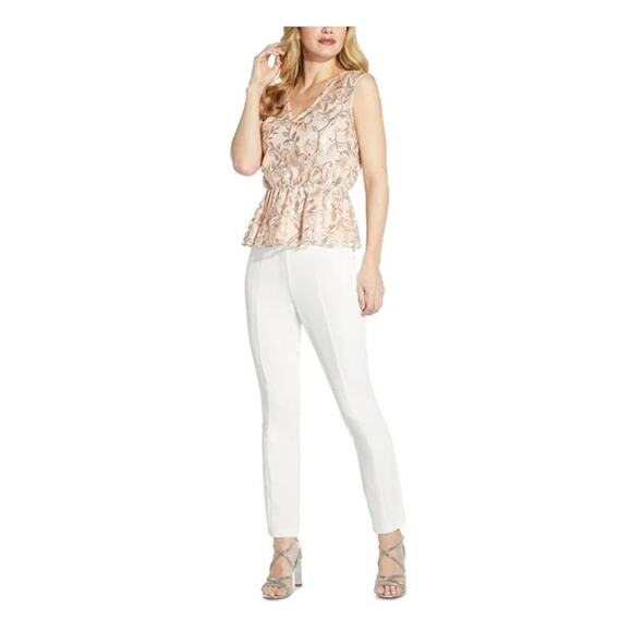 Elegant Pink Floral Embroidered Peplum Top Sleeveless Blouse - Picture 2 of 7